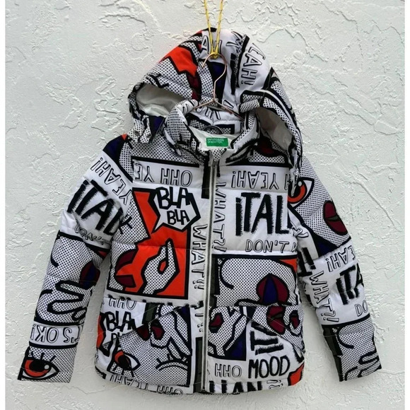 United Color of Benetton Kids Puffer Hoodie Graphic Jacket Sz XL Age 10/11 - Picture 1 of 12